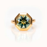 Octagon-cut prasiolite ring in 14K yellow gold, bespoke custom gemstone jewelry.